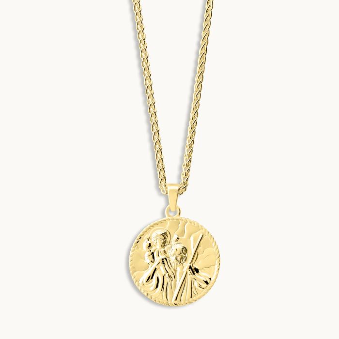 Gold plated Sterling Silver  20mm Round St Christopher Necklace with Spiga Chain