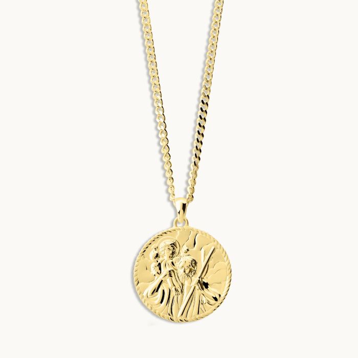 Gold plated Sterling Silver  24mm Round St Christopher Necklace with Curb Chain