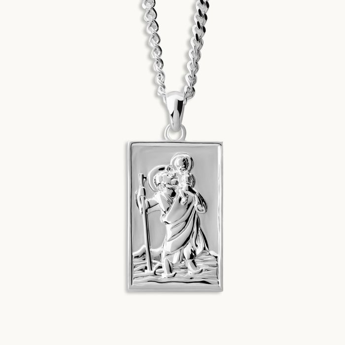 Sterling Silver Large Rectangle St Christopher Necklace