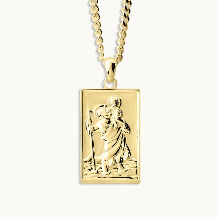 Gold Plated Sterling Silver Large Rectangle St Christopher Necklace