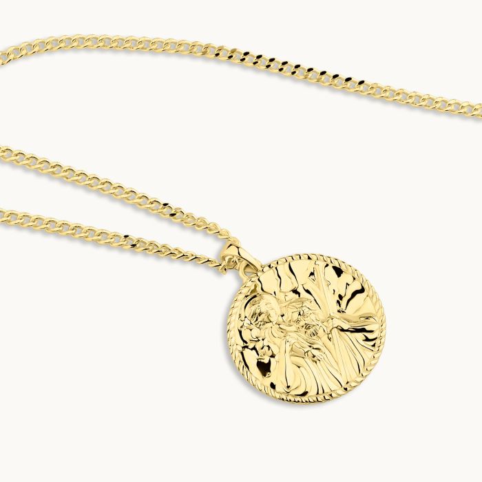 Gold plated Sterling Silver  24mm Round St Christopher Necklace with Curb Chain