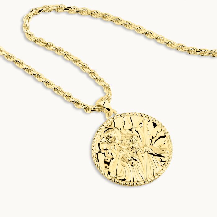 Gold plated Sterling Silver  24mm Round St Christopher Necklace with Rope Chain