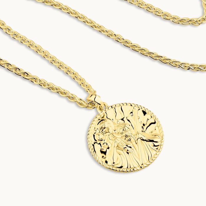 Gold plated Sterling Silver  24mm Round St Christopher Necklace with Spiga Chain