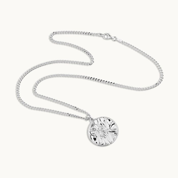 Sterling Silver 24mm Round St Christopher Necklace with Curb Chain