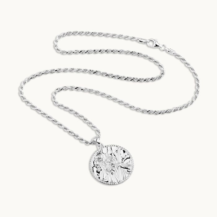 Sterling Silver 24mm Round St Christopher Necklace with Rope Chain