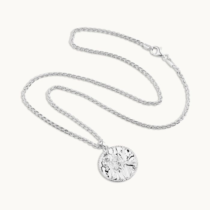 Sterling Silver 24mm Round St Christopher Necklace with Spiga Chain