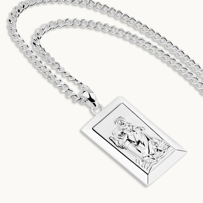 Sterling Silver Large Rectangle St Christopher Necklace