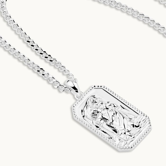 Sterling Silver Large Rectangle St Christopher Necklace