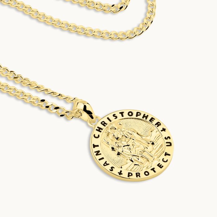 Gold Plated Sterling Silver 20mm Round St Christopher Necklace