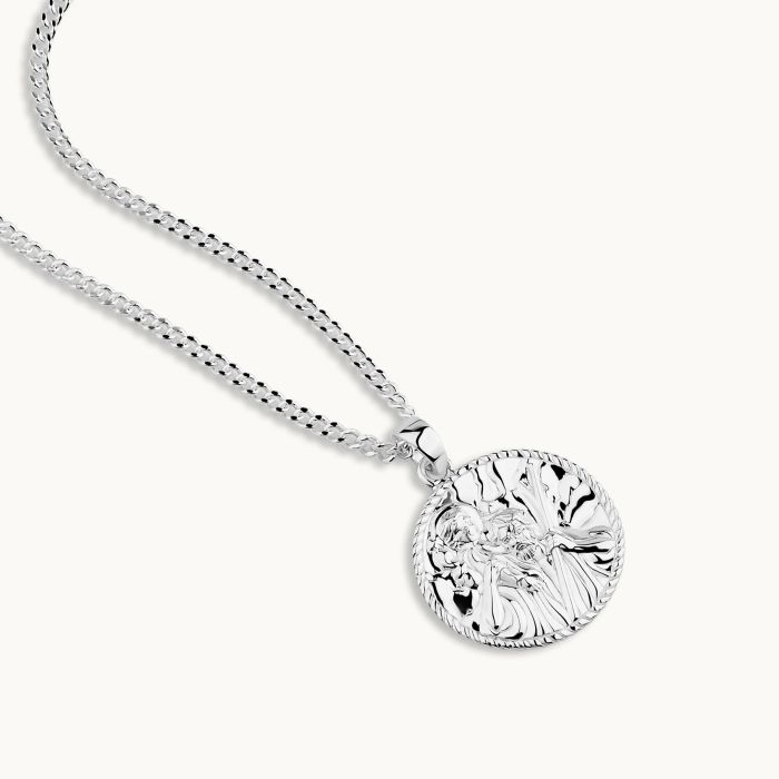 Sterling Silver 20mm Round St Christopher Necklace with Curb Chain