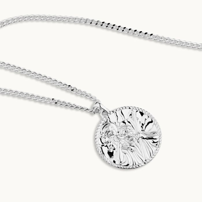 Sterling Silver 24mm Round St Christopher Necklace with Curb Chain