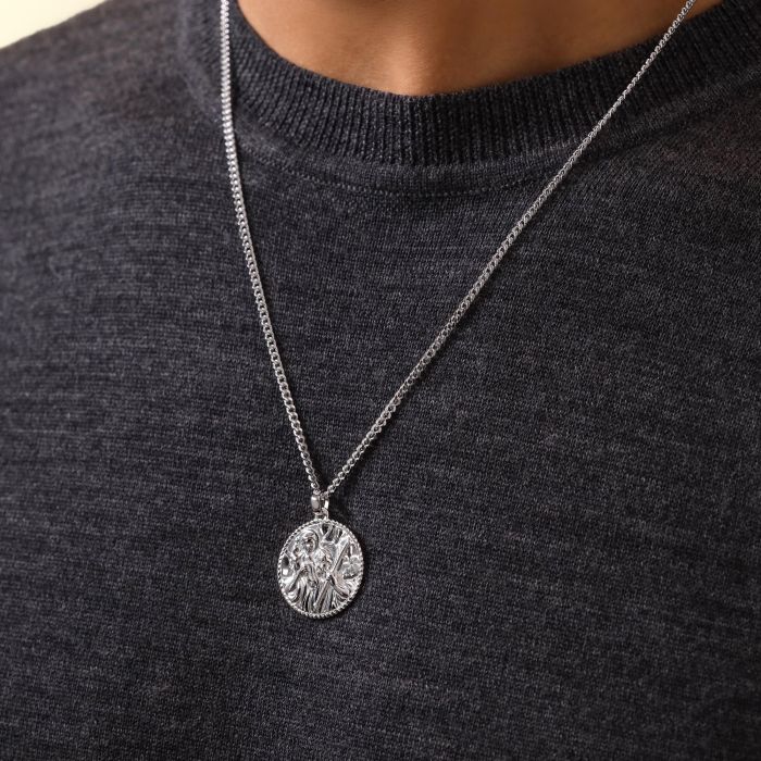 Sterling Silver 24mm Round St Christopher Necklace with Curb Chain