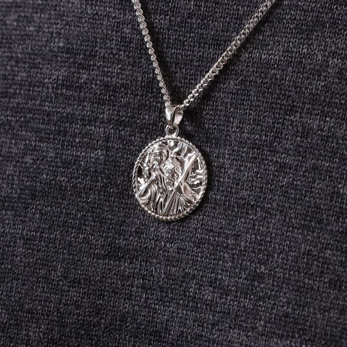 Sterling Silver 20mm Round St Christopher Necklace with Curb Chain