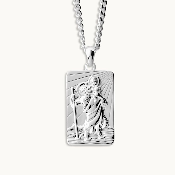 Sterling Silver Large Rectangle St Christopher Necklace