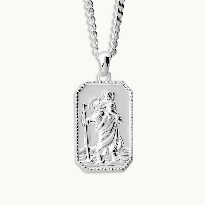 Sterling Silver Large Rectangle St Christopher Necklace