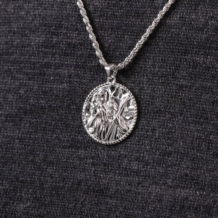 Sterling Silver 24mm Round St Christopher Necklace with Rope Chain