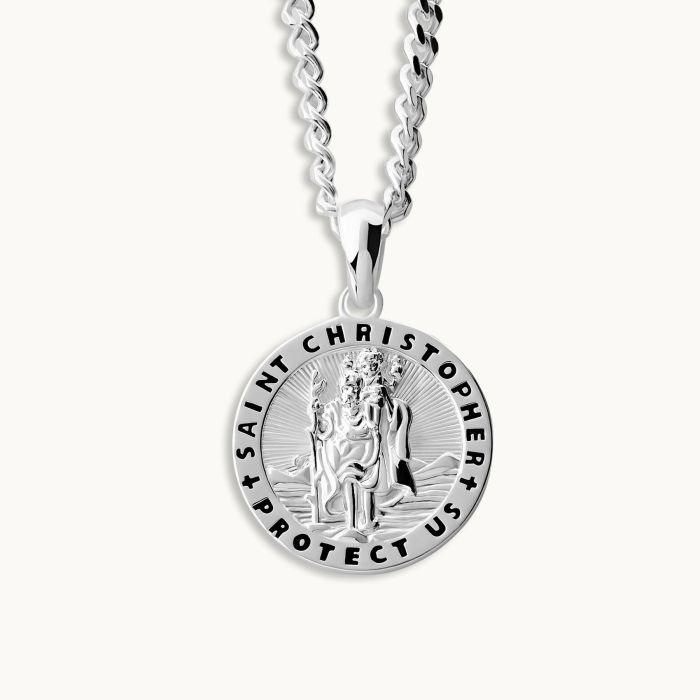 Sterling Silver 16mm Round St Christopher Necklace