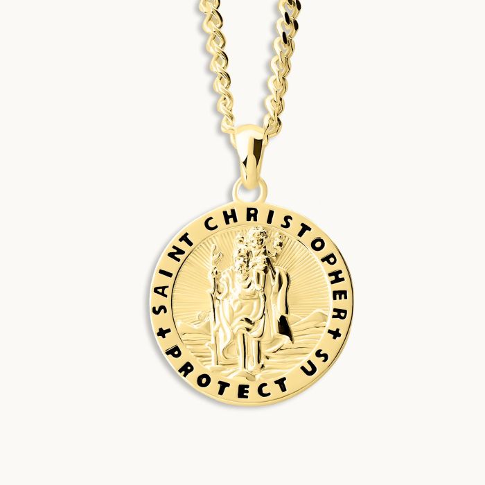 Gold Plated Sterling Silver 20mm Round St Christopher Necklace