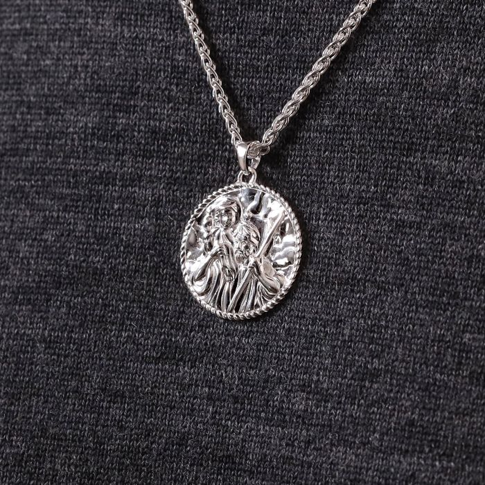 Sterling Silver 24mm Round St Christopher Necklace with Spiga Chain