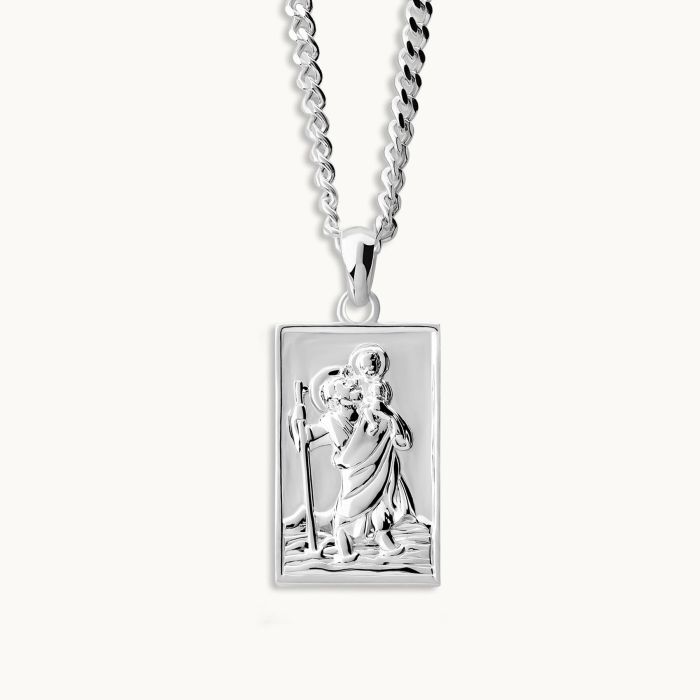 Sterling Silver Medium Rectangle St Christopher Necklace