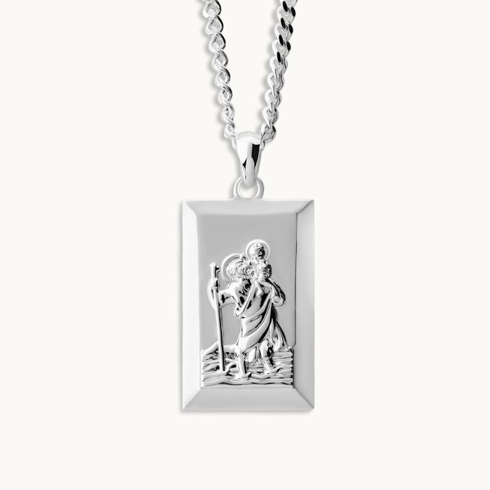 Sterling Silver Large Rectangle St Christopher Necklace