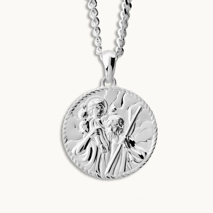 Sterling Silver 20mm Round St Christopher Necklace with Curb Chain