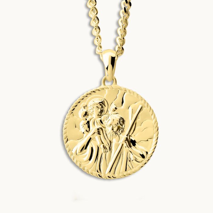 Gold plated Sterling Silver  20mm Round St Christopher Necklace with Curb Chain