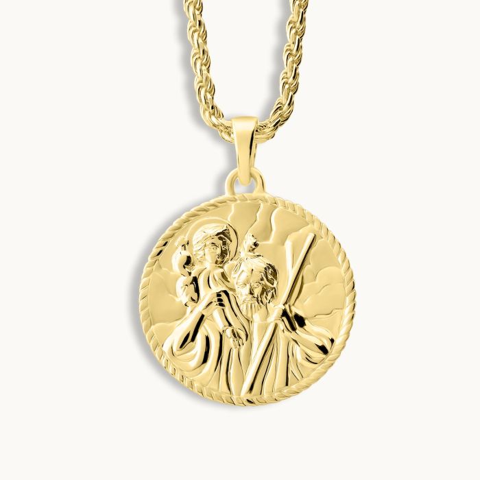 Gold plated Sterling Silver  20mm Round St Christopher Necklace with Rope Chain