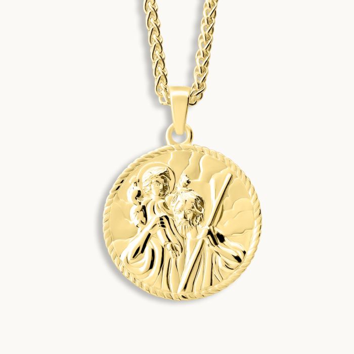 Gold plated Sterling Silver  20mm Round St Christopher Necklace with Spiga Chain