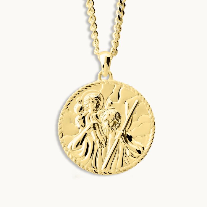 Gold plated Sterling Silver  24mm Round St Christopher Necklace with Curb Chain