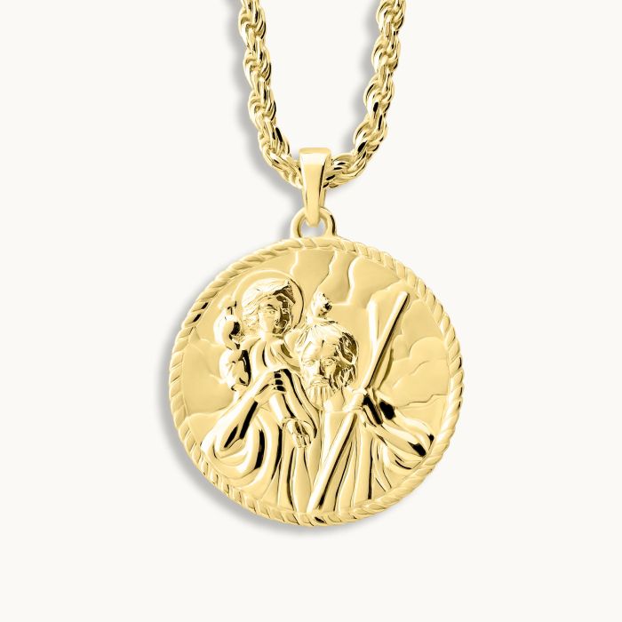 Gold plated Sterling Silver  24mm Round St Christopher Necklace with Rope Chain