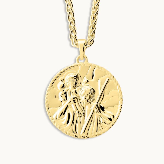 Gold plated Sterling Silver  24mm Round St Christopher Necklace with Spiga Chain