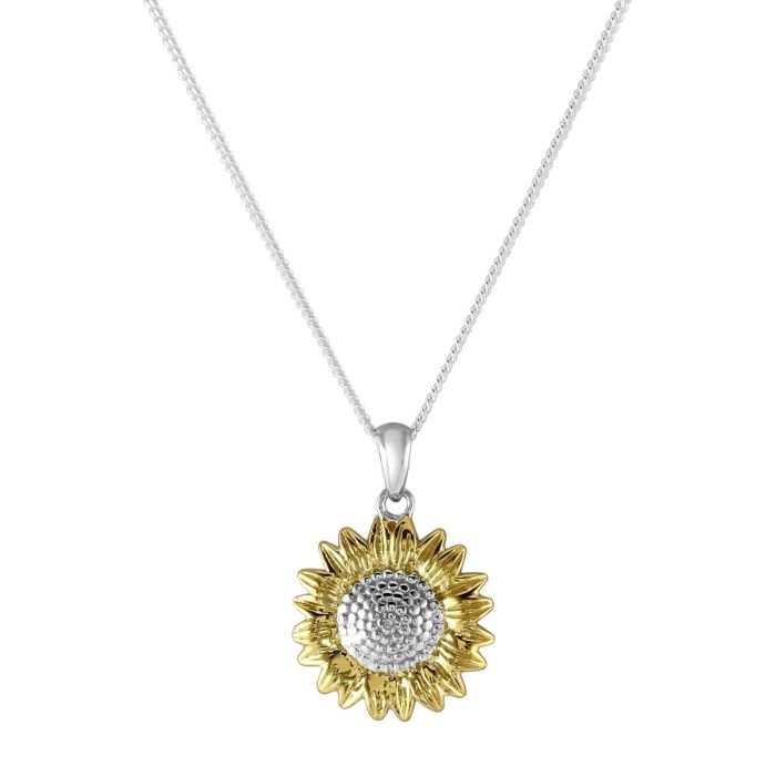 Sterling Silver Gold Plated SUNFLOWER Necklace with Curb Chain