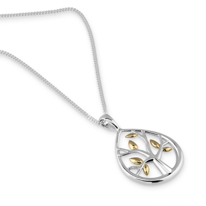 Sterling Silver Dew Drop Tree of Life Necklace with Cable Chain