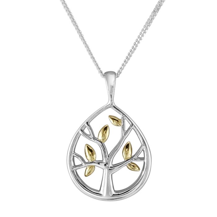 Sterling Silver Dew Drop Tree of Life Necklace with Cable Chain