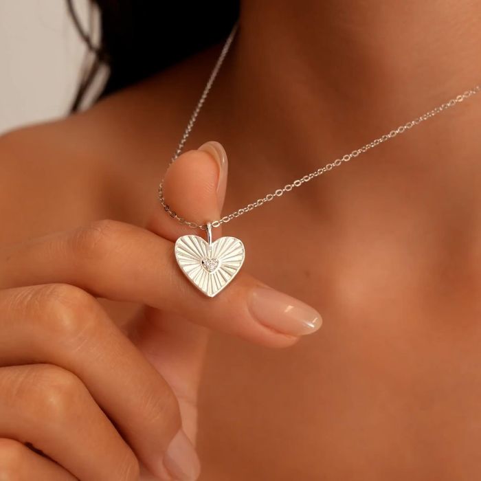 Sterling Silver Cubic Zirconia Heart Sunray Necklace