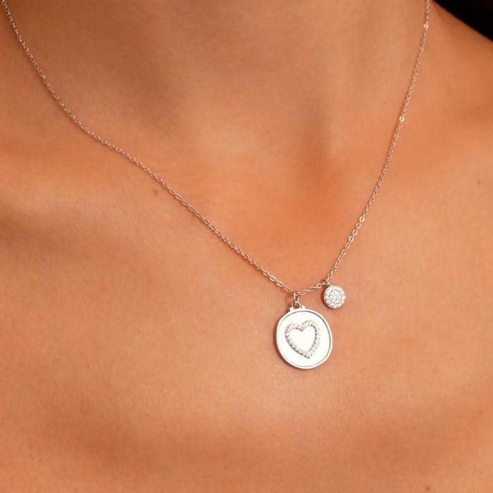 Sterling Silver Cubic Zirconia Heart Disc Necklace