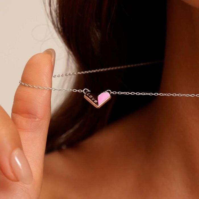 Sterling Silver Enamel Pink Heart Necklace