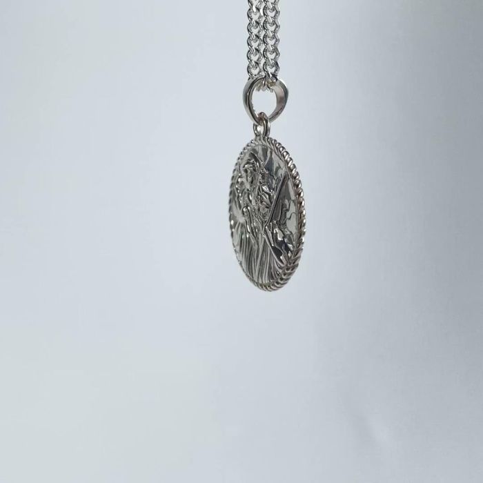 Sterling Silver 20mm Round St Christopher Necklace with Curb Chain