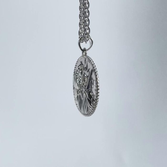 Sterling Silver 24mm Round St Christopher Necklace with Spiga Chain