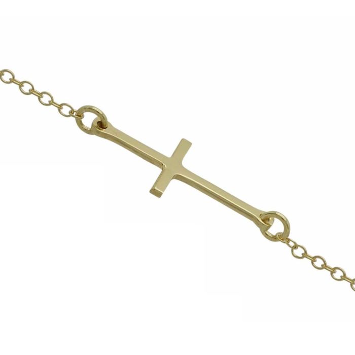 Sterling Silver Sideways Cross Yellow Gold Plated Extendable Bracelet