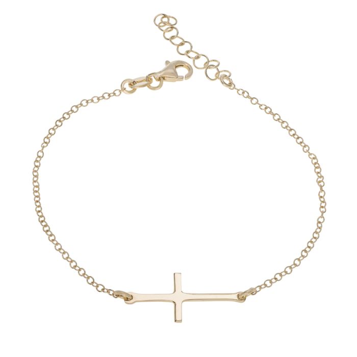 Sterling Silver Sideways Cross Yellow Gold Plated Extendable Bracelet