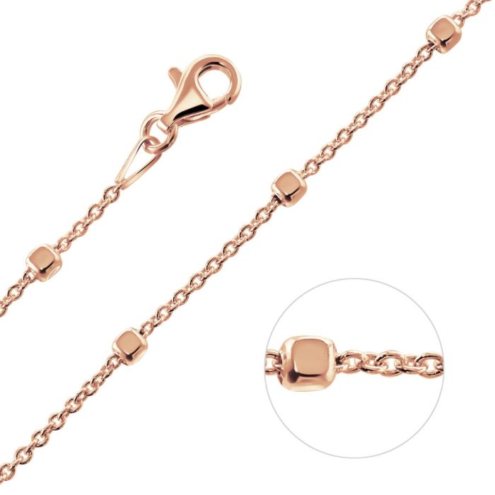 Rose Gold Plated Sterling Silver 1.2mm Cable Chain Bobble Necklace With Cube Beads