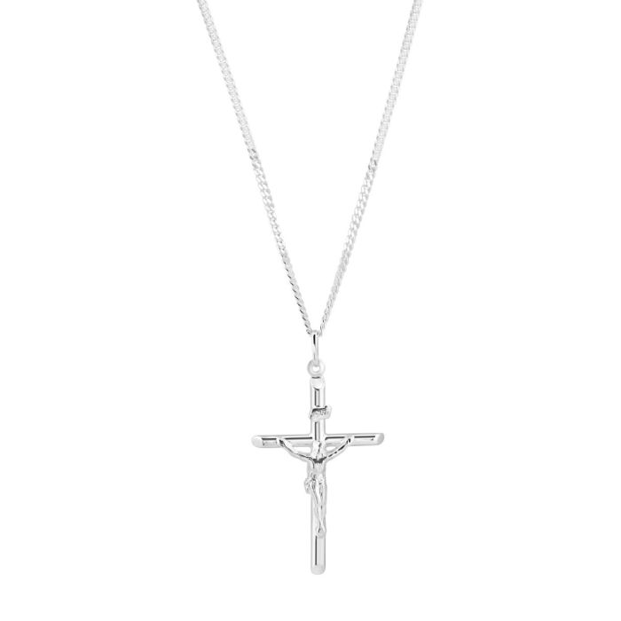 Sterling Silver Large Cross Crucifix Necklace with Curb Chain