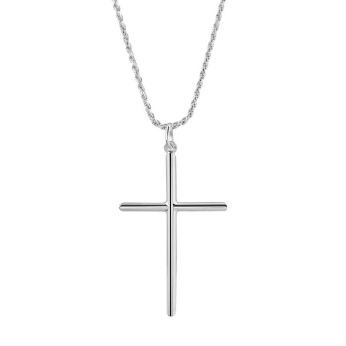 Sterling Silver Large Plain Cross Necklace with Rope Chain