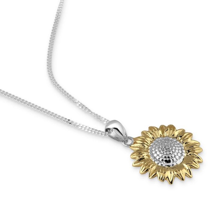 Sterling Silver Gold Plated SUNFLOWER Necklace with Curb Chain