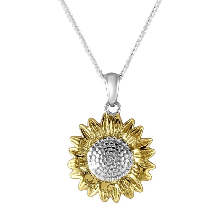 Sterling Silver Gold Plated SUNFLOWER Necklace with Curb Chain