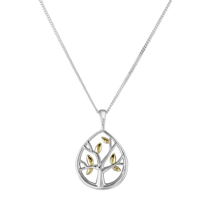 Sterling Silver Dew Drop Tree of Life Necklace with Cable Chain