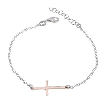 Rose Gold Plated Cross on Sterling Silver Extendable Bracelet 7 7.5 8 Inch