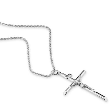 Sterling Silver Large Cross Crucifix Necklace with Rope Chain